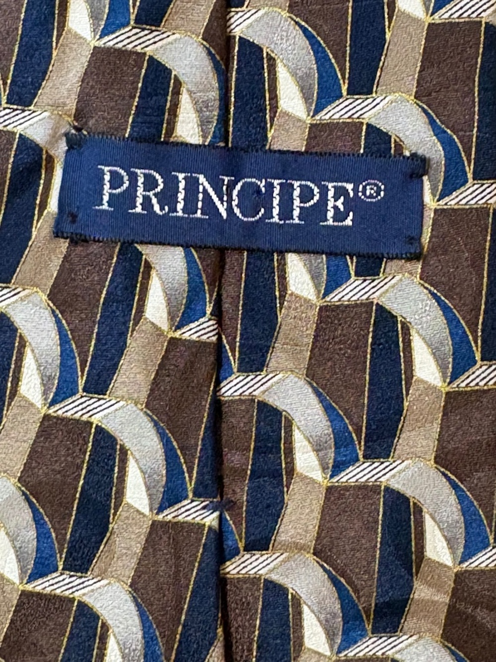 VTG Principe 100% Silk Tie Brown Blue Silver Geometric Retro Men's Necktie